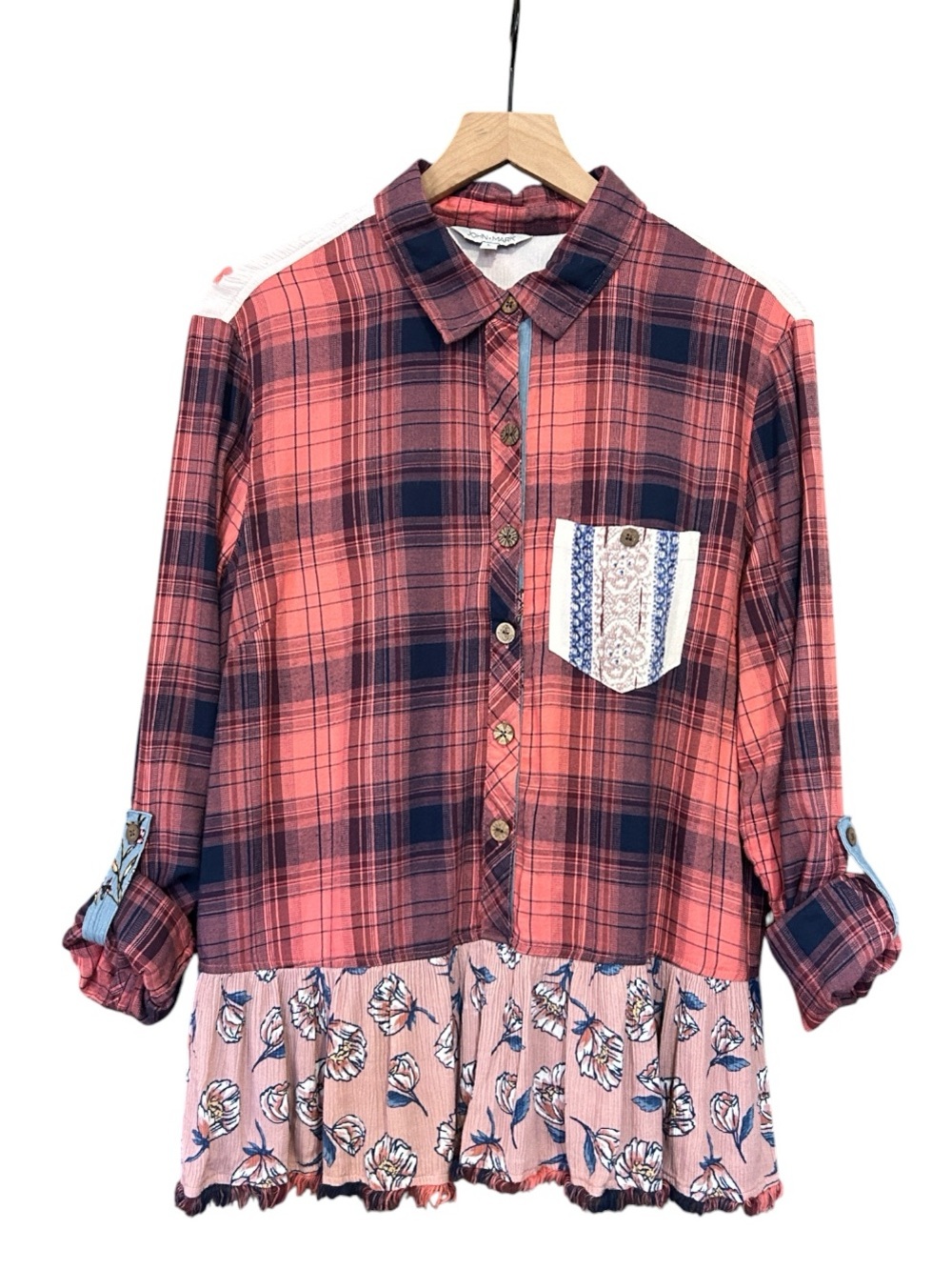 John Mark Plaid Embroidered Flounce Hem Button Up Long Sleeve Top Size Large